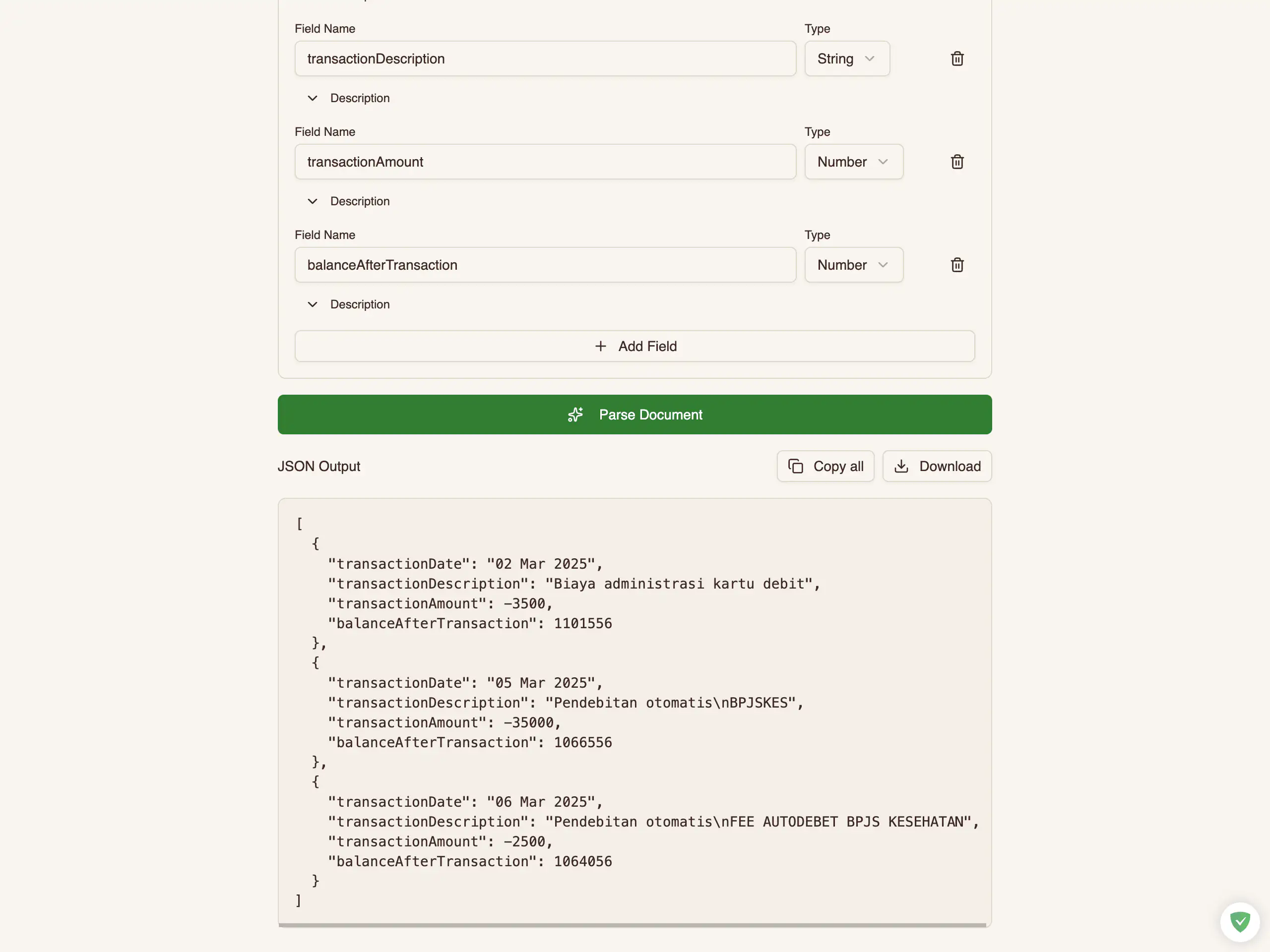 JSON output of a parsed bank statement