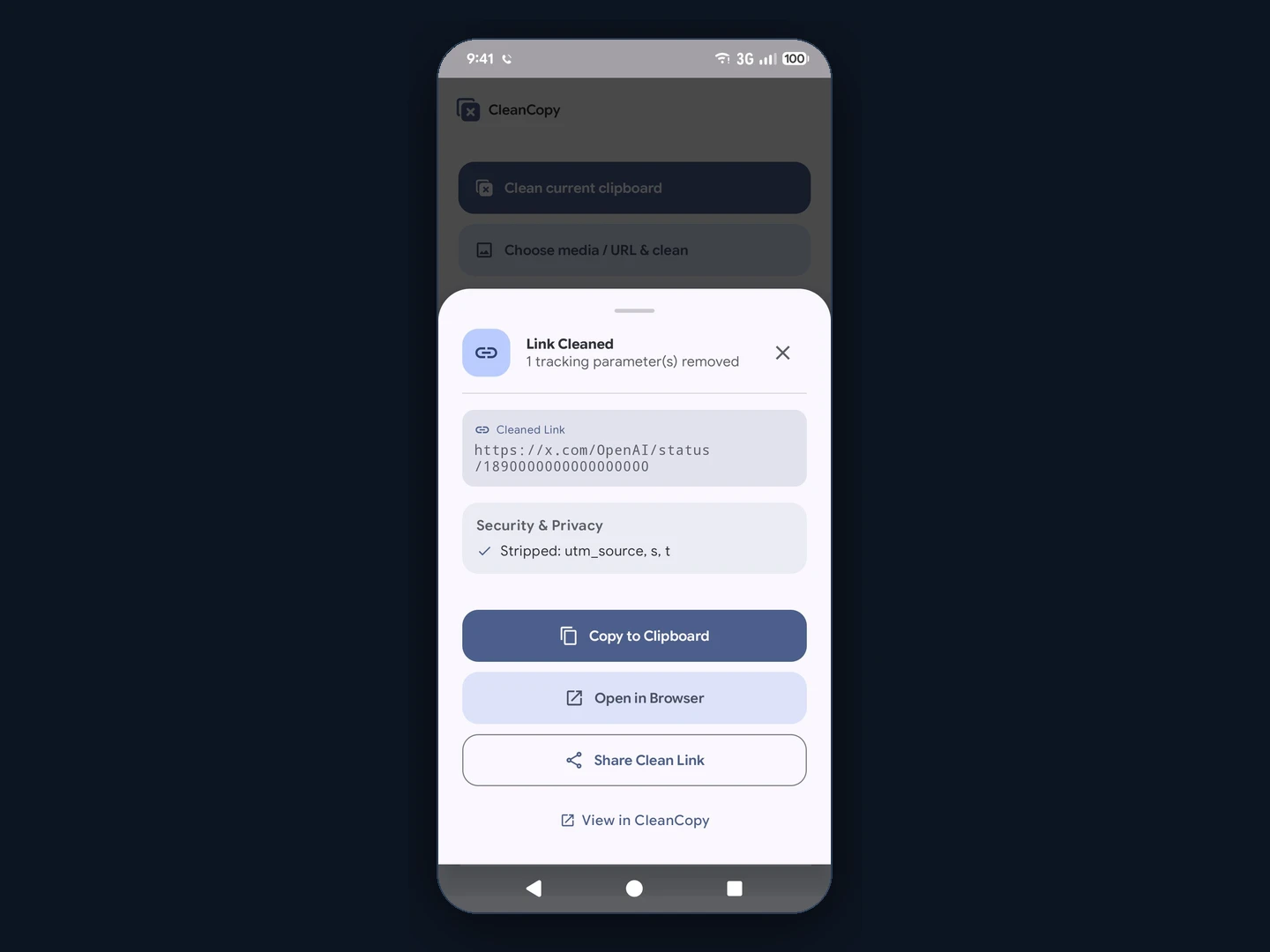 Cleaned URL modal