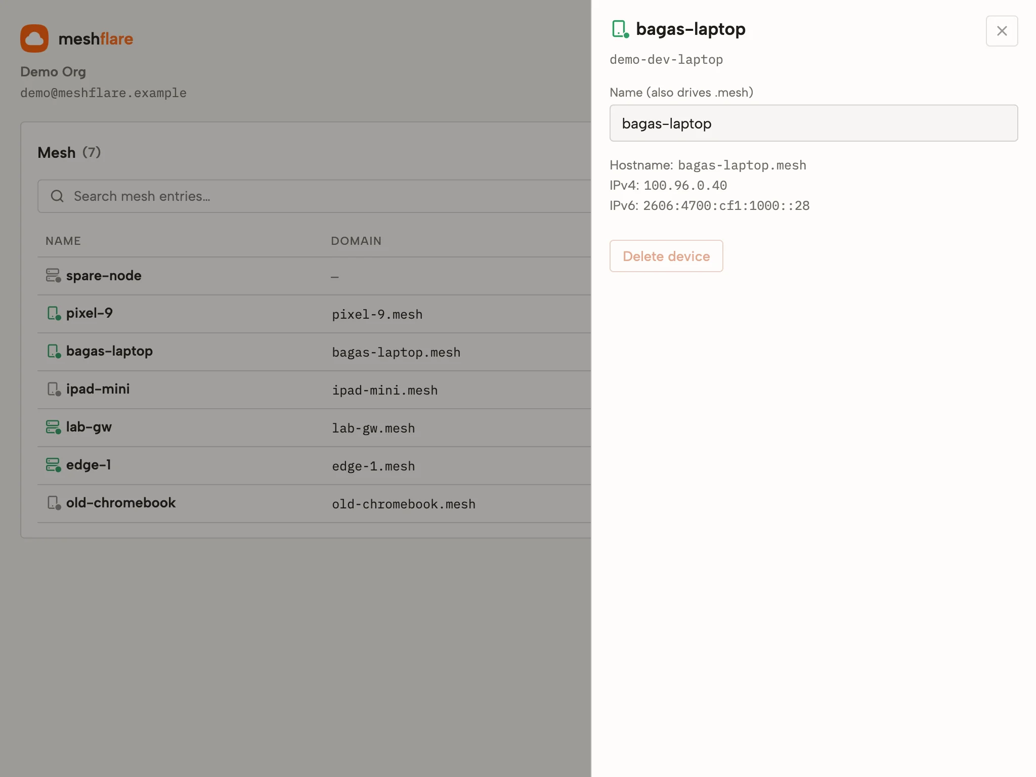 Mesh node details drawer