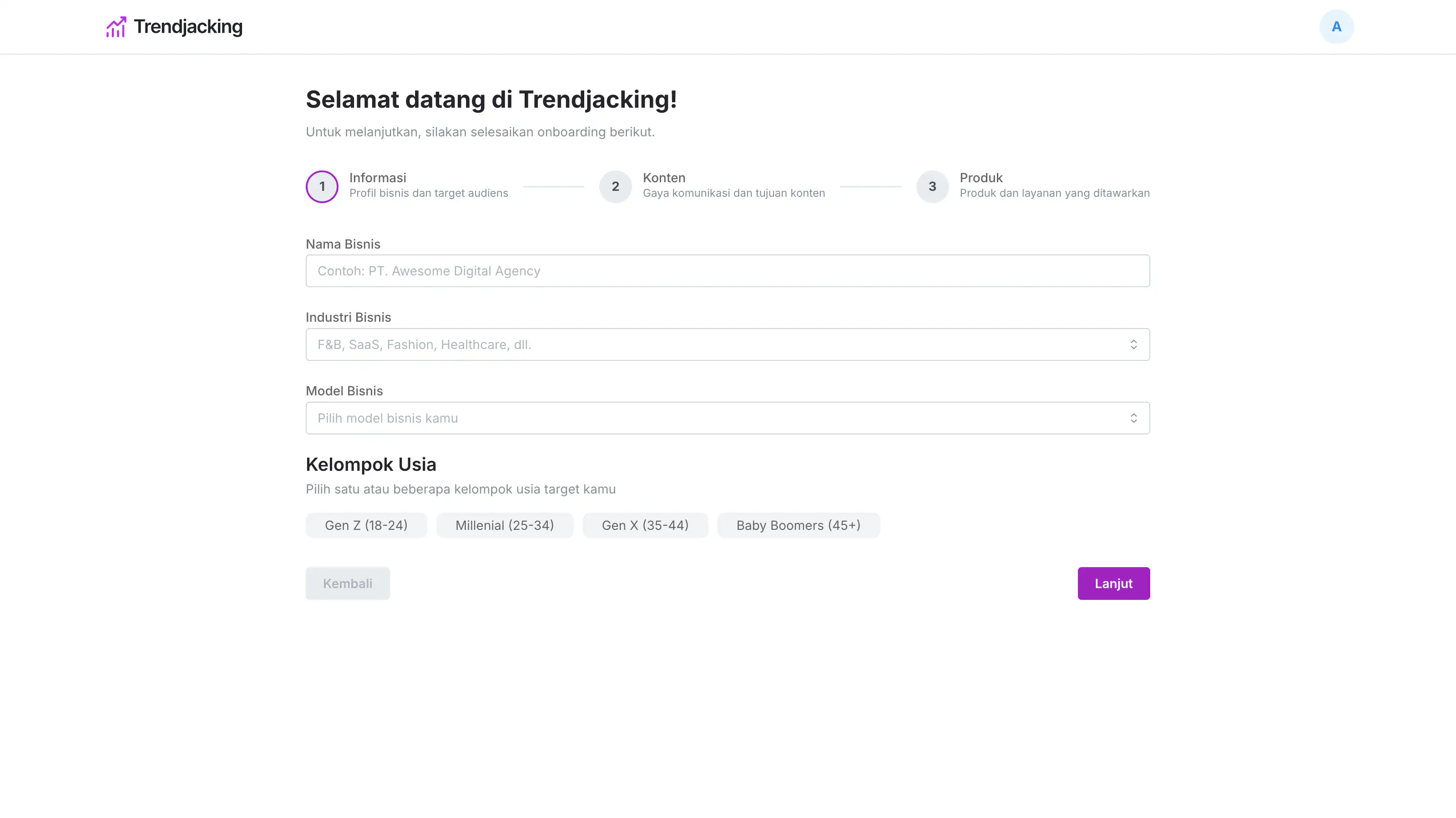 Onboarding page