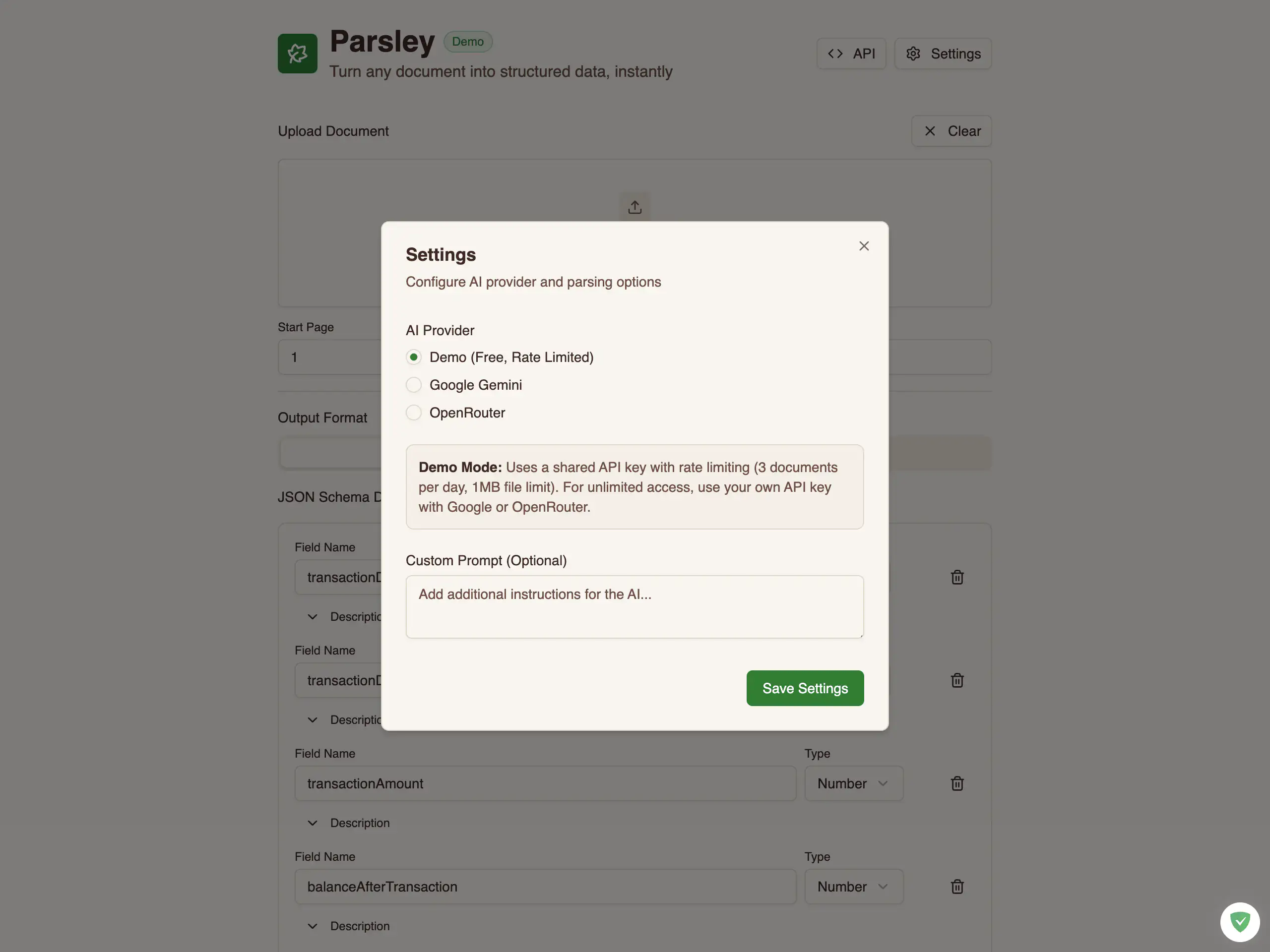 Settings and AI provider configuration