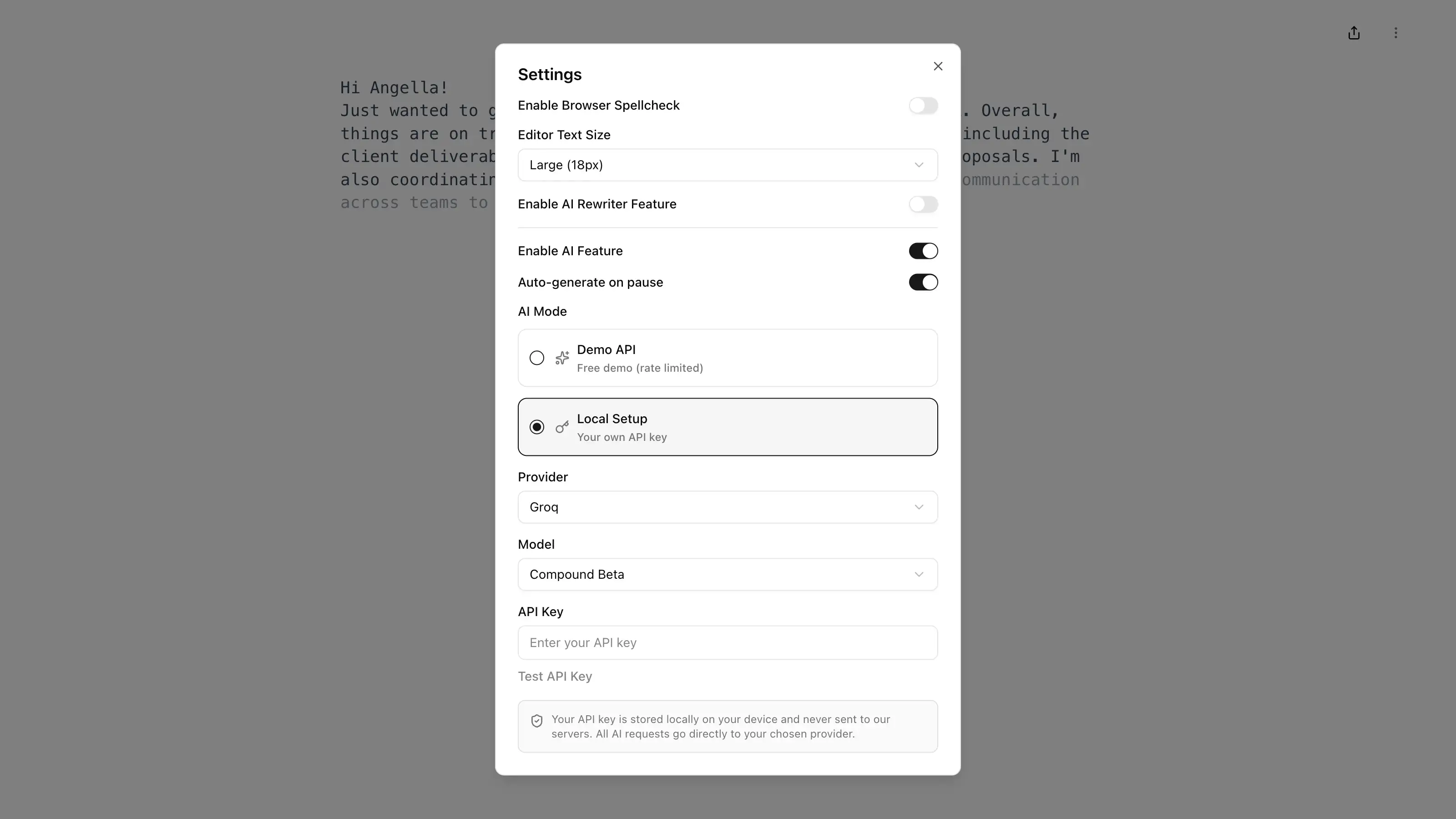 Settings panel
