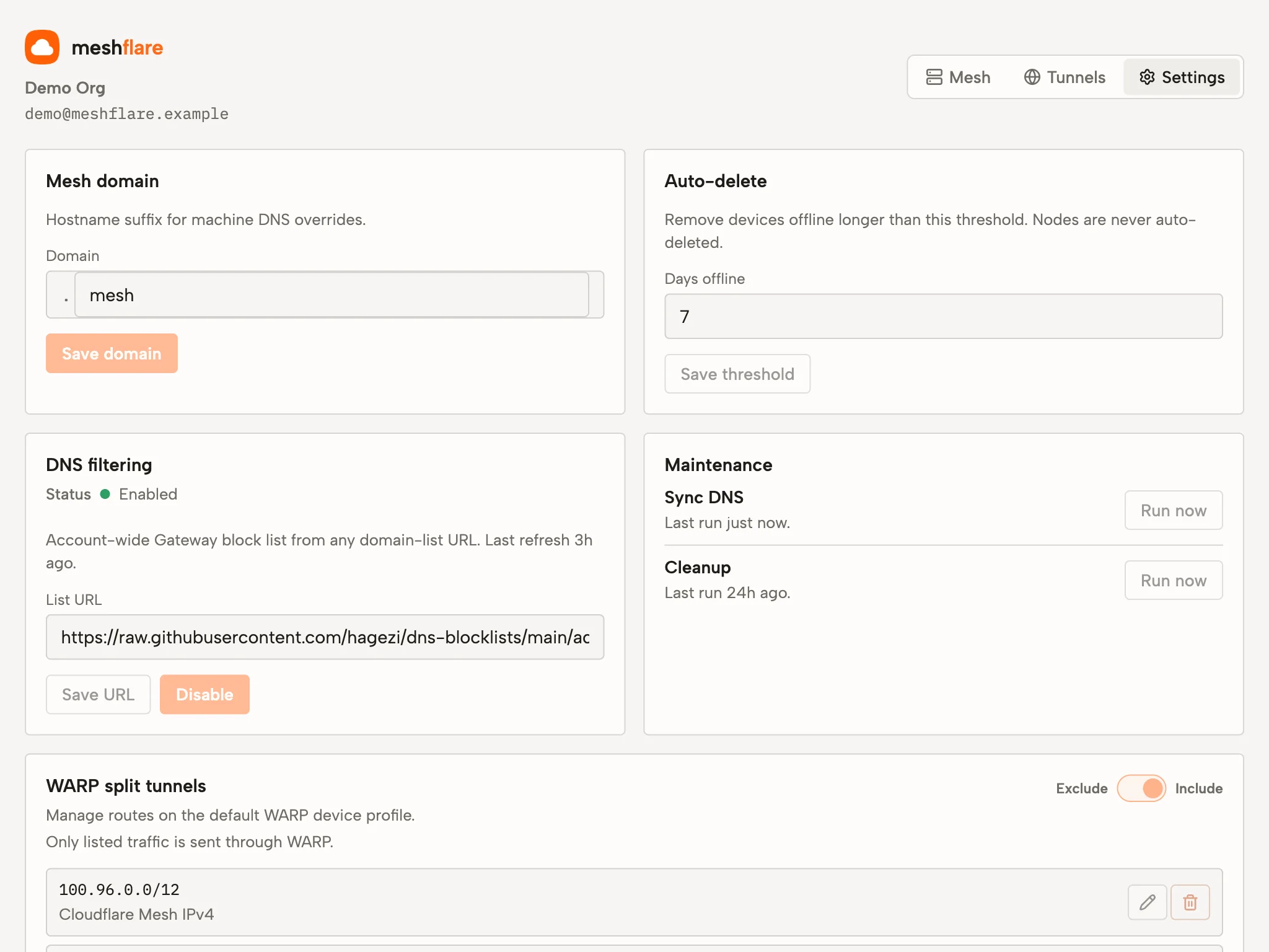 Meshflare settings and DNS filtering